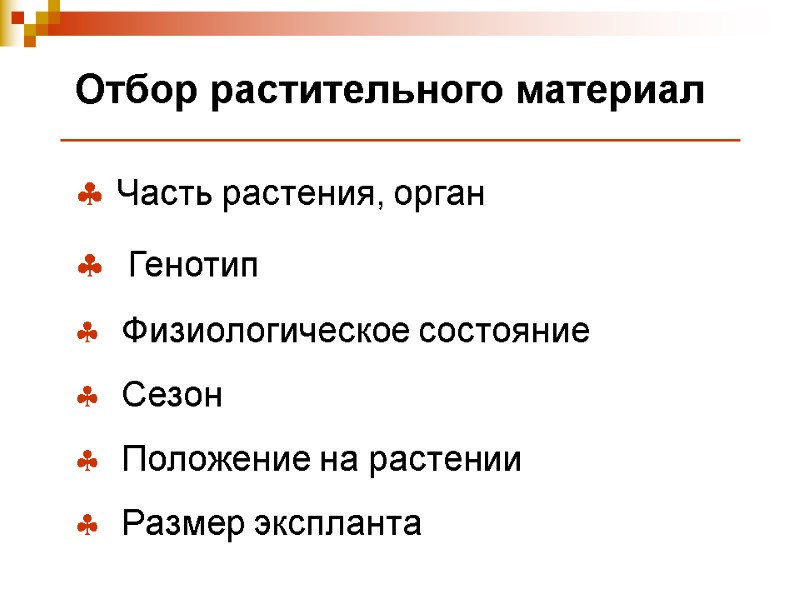 Отбор растительного материал  Часть растения, орган    Генотип   Физиологическое